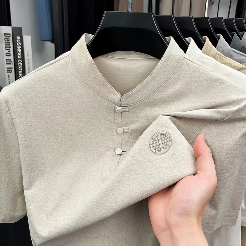 QICHE 2026 Summer Chinese Style Stand Collar Tang Suit Men Frog Button Casual Top