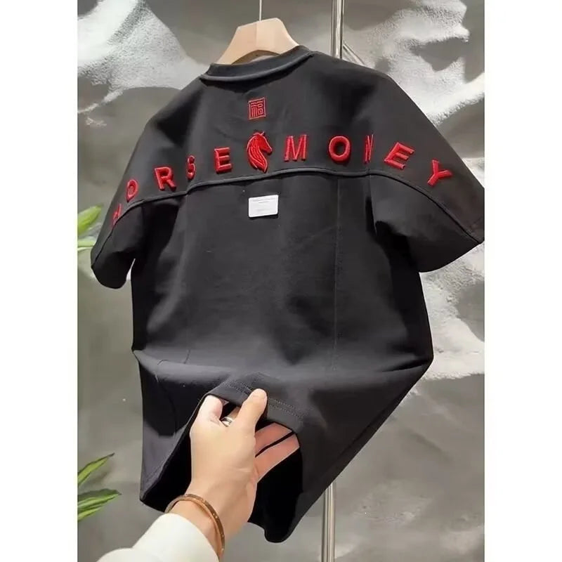 QICHE Men Fashion Casual Loose T Shirt Heavy Craft Embroidery Horse Motif Short Sleeve Summer Outer Top