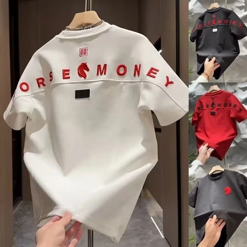 QICHE Men Fashion Casual Loose T Shirt Heavy Craft Embroidery Horse Motif Short Sleeve Summer Outer Top